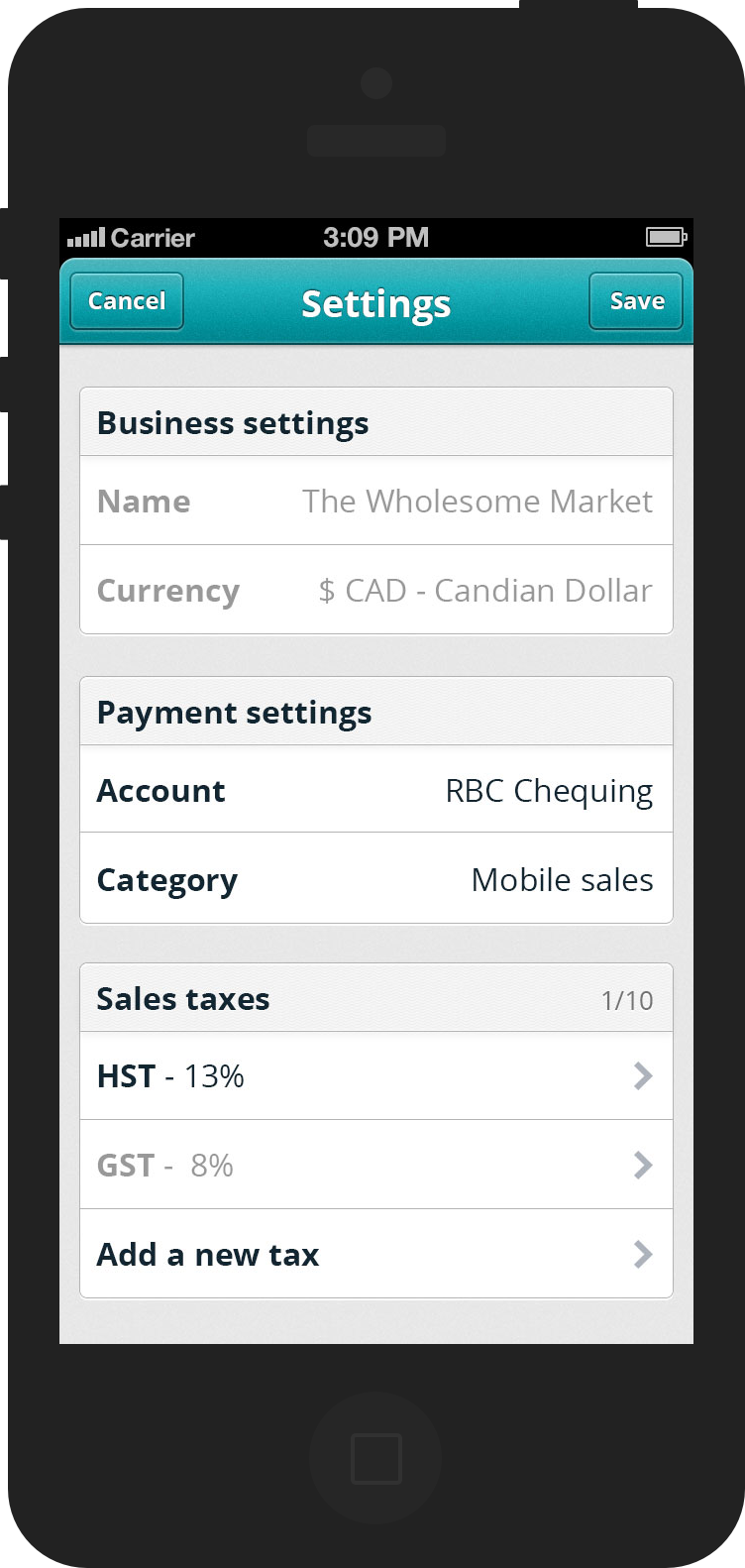 Payments by Wave - Settings view